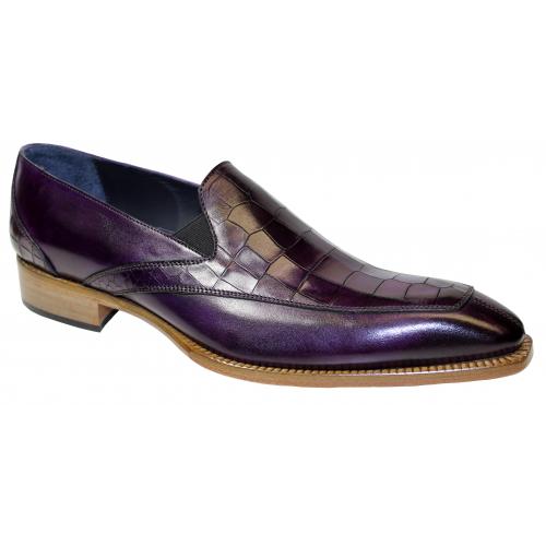 Duca Di Matiste "Trento" Purple Genuine Italian Calf Leather Crocodile Print Slip On Dress Shoes.